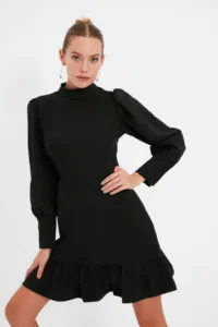 TRENDYOLMİLLA Black A Cut Dog collar Skirt Shirred Mini Weaving Dress - Image 6