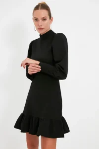 TRENDYOLMİLLA Black A Cut Dog collar Skirt Shirred Mini Weaving Dress - Image 7