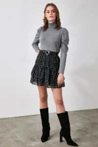 TRENDYOLMiLLA Black Floral Lined with flywheel Siphon Mini Weaving Skirt