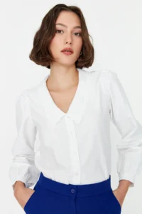 TRENDYOLMİLLA White Collar Embroidered Embroidery Detailed Regular Normal Pattern Cotton Weaving Shirt - Image 5