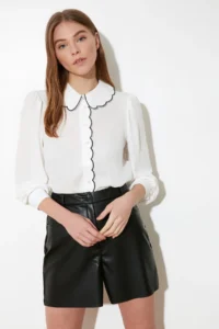 TRENDYOLMİLLA White Embroidery Detailed Regular Normal Pattern Weaving Shirt - Image 2