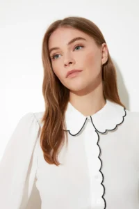 TRENDYOLMİLLA White Embroidery Detailed Regular Normal Pattern Weaving Shirt - Image 3