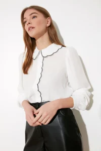 TRENDYOLMİLLA White Embroidery Detailed Regular Normal Pattern Weaving Shirt - Image 4