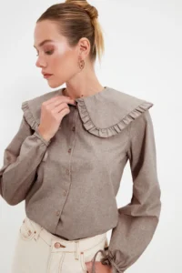 TRENDYOLMİLLA Mink Boho Big Collar Detailed Weaving Shirt - Image 2