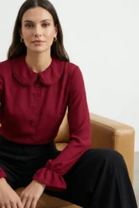 TRENDYOLMİLLA Burgundy Baby Collar Pompom Detailed Regular Normal Pattern Weaving Shirt - Image 2