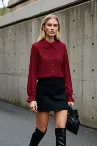 TRENDYOLMİLLA Burgundy Baby Collar Pompom Detailed Regular Normal Pattern Weaving Shirt - Image 3