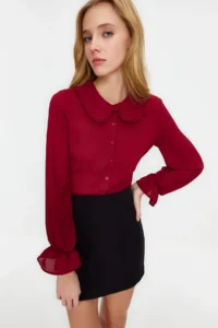 TRENDYOLMİLLA Burgundy Baby Collar Pompom Detailed Regular Normal Pattern Weaving Shirt - Image 4