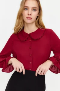 TRENDYOLMİLLA Burgundy Baby Collar Pompom Detailed Regular Normal Pattern Weaving Shirt - Image 5
