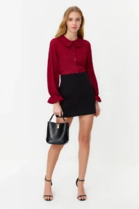TRENDYOLMİLLA Burgundy Baby Collar Pompom Detailed Regular Normal Pattern Weaving Shirt - Image 6