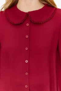 TRENDYOLMİLLA Burgundy Baby Collar Pompom Detailed Regular Normal Pattern Weaving Shirt - Image 7