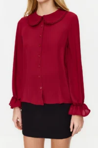 TRENDYOLMİLLA Burgundy Baby Collar Pompom Detailed Regular Normal Pattern Weaving Shirt - Image 8