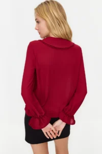 TRENDYOLMİLLA Burgundy Baby Collar Pompom Detailed Regular Normal Pattern Weaving Shirt - Image 9