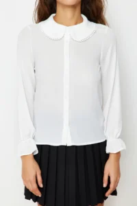 TRENDYOLMİLLA White Baby Collar Pompom Detailed Regular Normal Pattern Weaving Shirt - Image 6