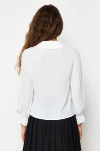 TRENDYOLMİLLA White Baby Collar Pompom Detailed Regular Normal Pattern Weaving Shirt - Image 7