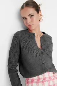 TRENDYOLMİLLA Anthracite Soft textured Cellular/Perforated Knitwear Cardigan - Image 2