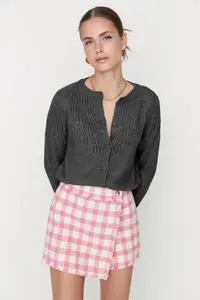TRENDYOLMİLLA Anthracite Soft textured Cellular/Perforated Knitwear Cardigan - Image 3