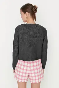 TRENDYOLMİLLA Anthracite Soft textured Cellular/Perforated Knitwear Cardigan - Image 5