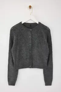 TRENDYOLMİLLA Anthracite Soft textured Cellular/Perforated Knitwear Cardigan - Image 6