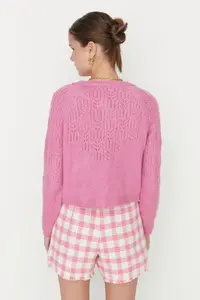 TRENDYOLMİLLA Pink Soft textured Cellular/Perforated Knitwear Cardigan - Image 5