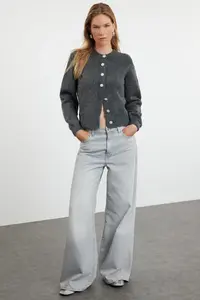 TRENDYOLMİLLA Anthracite Soft textured Jewelry buttoned Jacket Look Knitwear Cardigan - Image 3