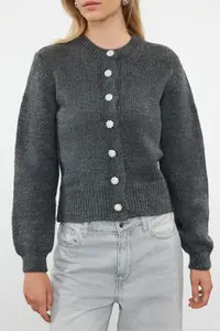 TRENDYOLMİLLA Anthracite Soft textured Jewelry buttoned Jacket Look Knitwear Cardigan - Image 4