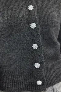 TRENDYOLMİLLA Anthracite Soft textured Jewelry buttoned Jacket Look Knitwear Cardigan - Image 5