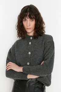 TRENDYOLMİLLA Anthracite Soft textured Jewelry buttoned Jacket Look Knitwear Cardigan - Image 7