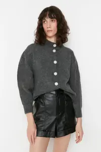 TRENDYOLMİLLA Anthracite Soft textured Jewelry buttoned Jacket Look Knitwear Cardigan - Image 8