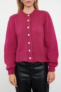 TRENDYOLMİLLA Fuchsia Soft textured Jewelry buttoned Jacket Look Knitwear Cardigan - Image 3