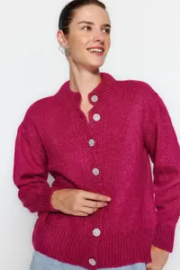 TRENDYOLMİLLA Fuchsia Soft textured Jewelry buttoned Jacket Look Knitwear Cardigan - Image 6