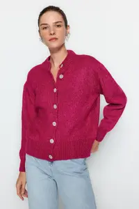 TRENDYOLMİLLA Fuchsia Soft textured Jewelry buttoned Jacket Look Knitwear Cardigan - Image 7