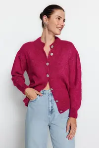 TRENDYOLMİLLA Fuchsia Soft textured Jewelry buttoned Jacket Look Knitwear Cardigan - Image 8