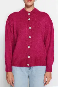 TRENDYOLMİLLA Fuchsia Soft textured Jewelry buttoned Jacket Look Knitwear Cardigan - Image 9