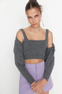 TRENDYOLMİLLA Anthracite Crop Soft textured 2 Sets Blouse-Cardigan Knitwear Set