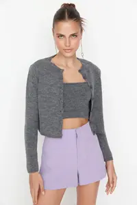 TRENDYOLMİLLA Anthracite Crop Soft textured 2 Sets Blouse-Cardigan Knitwear Set - Image 3