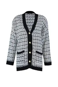 TRENDYOLMİLLA Black Wide Pattern Tweed Look Silvery Knitwear Cardigan - Image 7