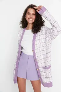 TRENDYOLMİLLA Lilac Wide Pattern Tweed Look Glitter Knitwear Cardigan
