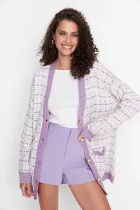 TRENDYOLMİLLA Lilac Wide Pattern Tweed Look Glitter Knitwear Cardigan - Image 2