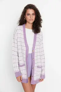 TRENDYOLMİLLA Lilac Wide Pattern Tweed Look Glitter Knitwear Cardigan - Image 3