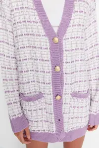 TRENDYOLMİLLA Lilac Wide Pattern Tweed Look Glitter Knitwear Cardigan - Image 4