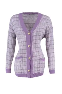 TRENDYOLMİLLA Lilac Wide Pattern Tweed Look Glitter Knitwear Cardigan - Image 7