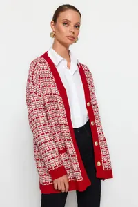 TRENDYOLMİLLA Red Wide Pattern Textured Glitter Knitwear Cardigan