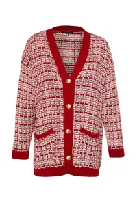 TRENDYOLMİLLA Red Wide Pattern Textured Glitter Knitwear Cardigan - Image 6