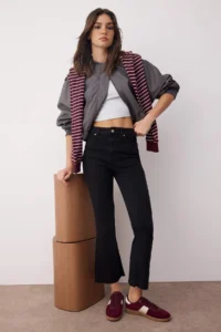 TRENDYOLMİLLA Anthracite High Waist Crop Middle Flexible Flare Bilek Size comfort/Flexible jeans