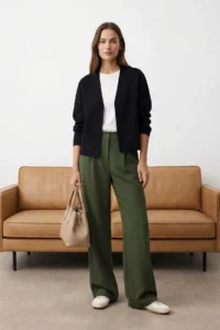 TRENDYOLMİLLA Light Khaki High Waist Wide Leg/Wide Leg Pilili Weaving Dress Pants