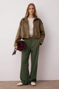 TRENDYOLMİLLA Light Khaki High Waist Wide Leg/Wide Leg Pilili Weaving Dress Pants - Image 2