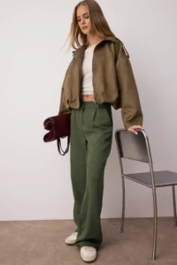 TRENDYOLMİLLA Light Khaki High Waist Wide Leg/Wide Leg Pilili Weaving Dress Pants - Image 3