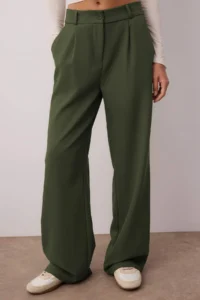 TRENDYOLMİLLA Light Khaki High Waist Wide Leg/Wide Leg Pilili Weaving Dress Pants - Image 4