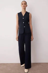 TRENDYOLMİLLA Dark Navy High Waist Wide Leg/Wide Leg Pilili Weaving Dress Pants - Image 2