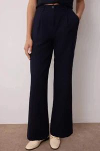 TRENDYOLMİLLA Dark Navy High Waist Wide Leg/Wide Leg Pilili Weaving Dress Pants - Image 3
